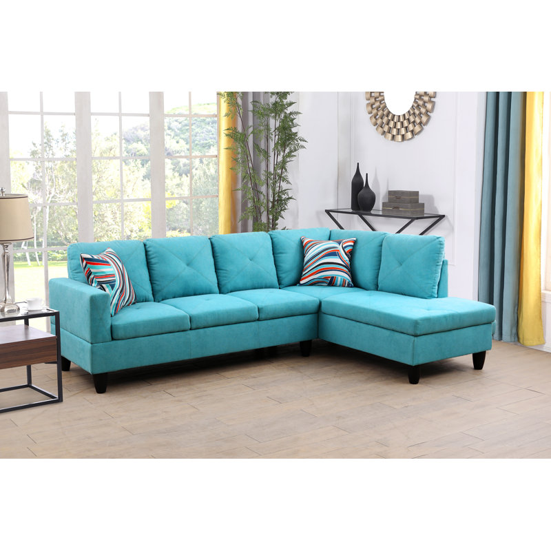 Adaleah Upholstered L-Shaped Sectional, Right Hand Facing, Turquoise Linen Blend