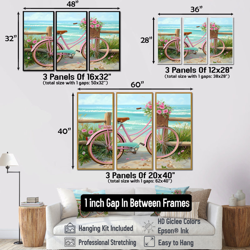 Bicyclette rose avec roses roses sur un chemin de plage - ensemble de décoration murale bord de mer