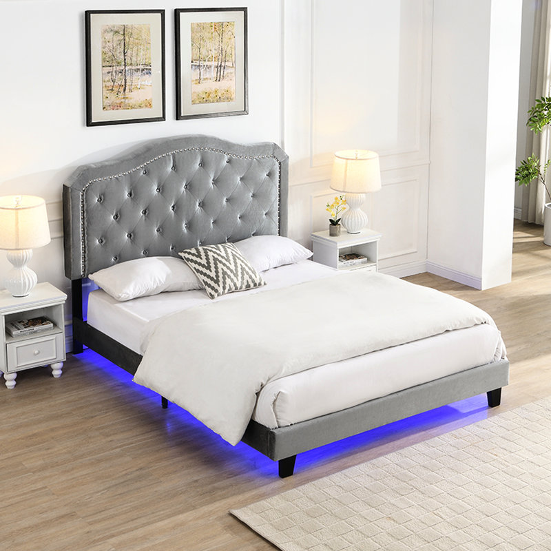 Button Grey Velvet Upholstered Bed For Queen - Curve Design Robust Wood Slat Foundation Led Lights Easy Assembly No Box Spring Necessary In Appearance Stable Stand Simple Requirement