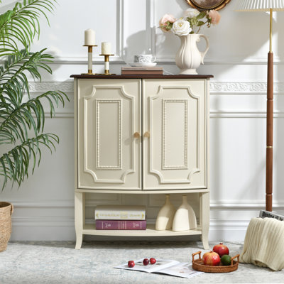 Fienley French Country 2-Door Accent Cabinet with Beaded Panel Doors and Open Shelf, Cream & Walnut Finish