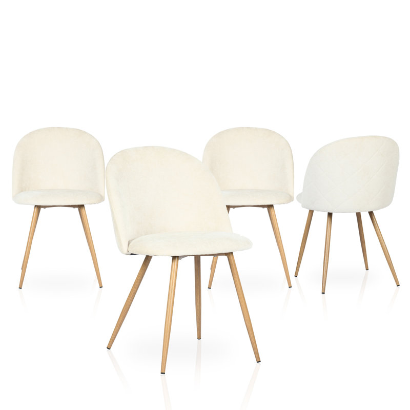 Chaises de salle à manger modernes avec tissu en chenille et pieds en métal d'aspect bois, disponibles en 2 couleurs, Biscuit