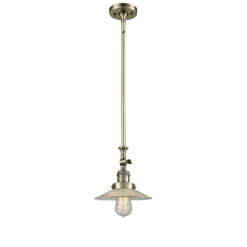 Luminaire suspendu conique à 1 lumière Miramontes, Halophane transparent, Laiton antique