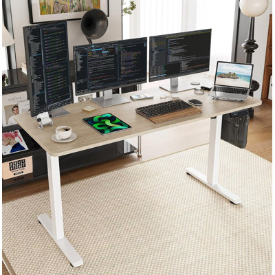Hubing Electric Height Adjustable Standing Desk With 2 Usb Ports And 3 Power Outlets,4 Lockable Casters, 2 Hooks, Big Mouse Pad