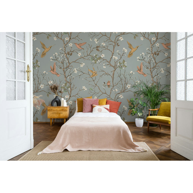 Papier peint branches de sauge et de fleurs, L 50 po x l 75 po