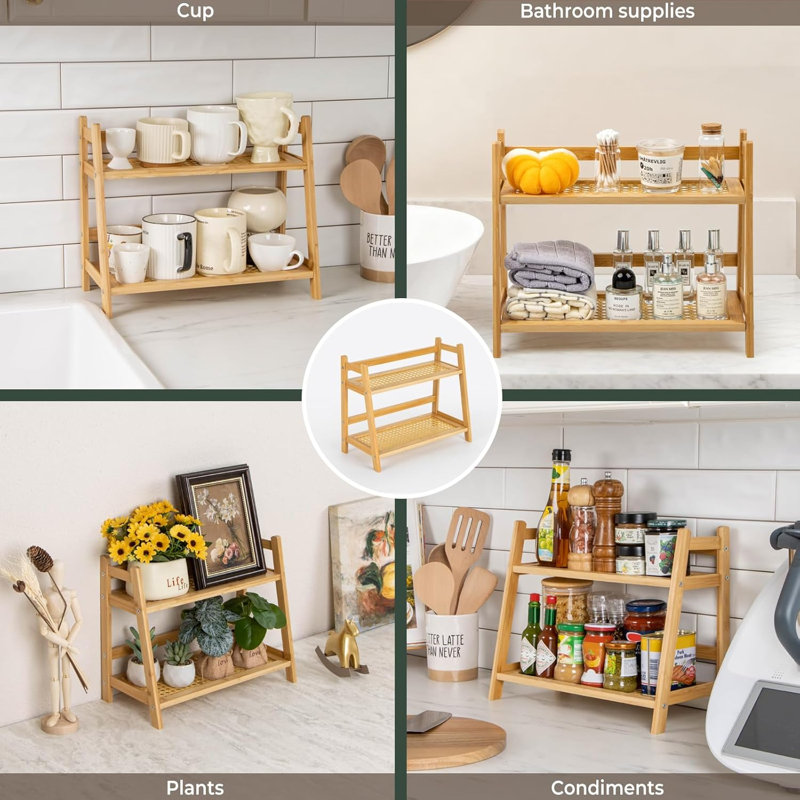 Organisateur de table en rotin Matcha, thé en bambou de comptoir, organisateur de station pour accessoires de café, présentoir porte-gobelet à 2 niveaux pour condiments de cuisine, maison, bureau