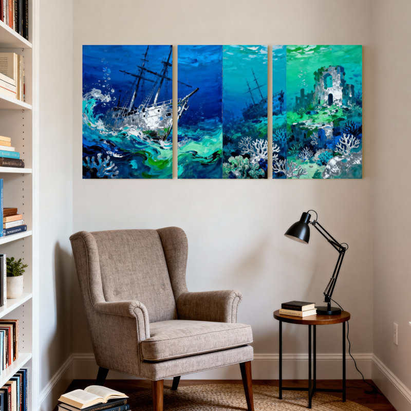 «Nautical & Beach Underwater Ship Wreck Coral Reef Scene», ensemble de 3 impressions sur toile, H 18 po x l 36 po
