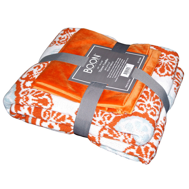 Delia Orange and White Knitted Throw Blanket Set