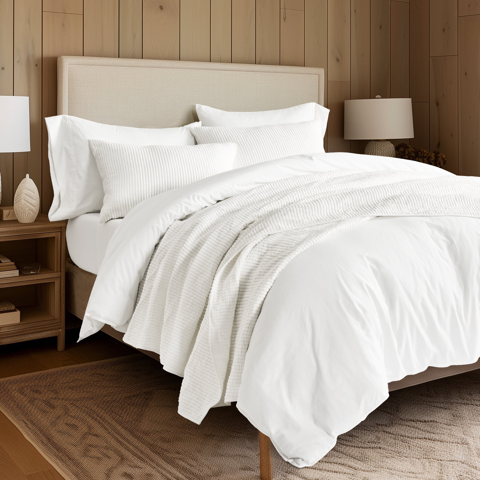Ribbed Matelassé Cotton Coverlet Set, Queen Quilt + 2 Queen Shams, Bright White