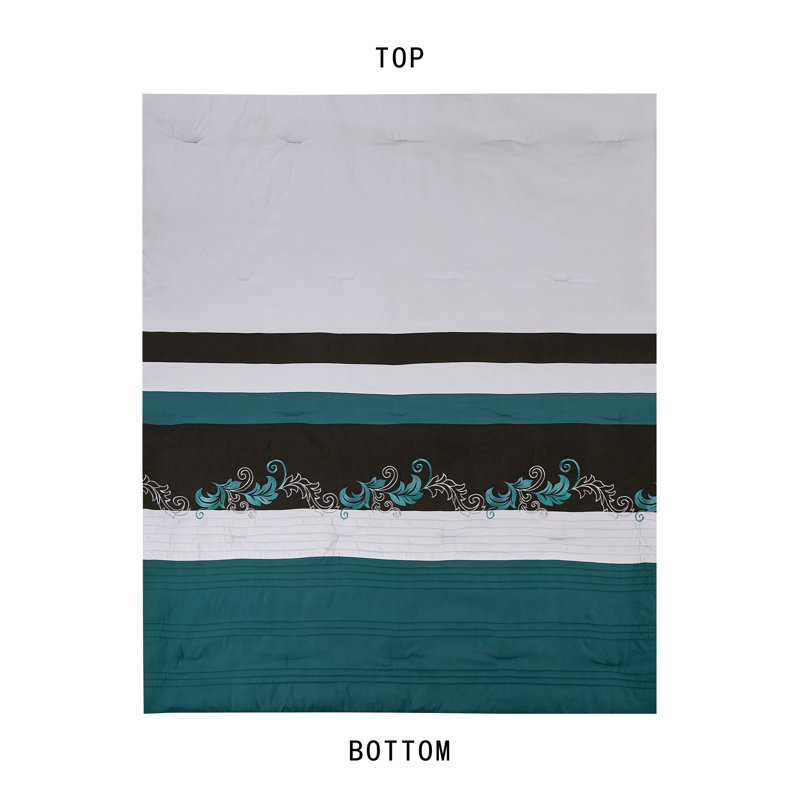Teal and Black Floral Embroidered Microfiber Queen Comforter Set