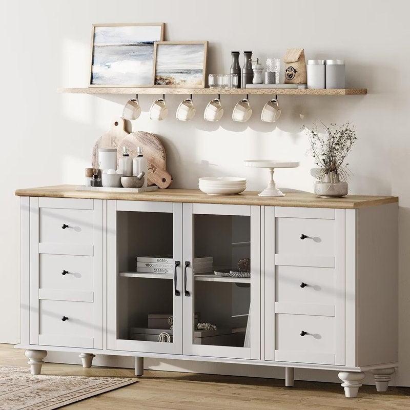 Buffet à porte vitrée - Armoire de rangement pour la cuisine et le salon, Blanc / Brun