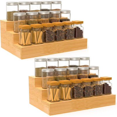 2 Pack Bamboo Spice Rack Organizer For Countertop, 3 Tier Spice Step Shelf For Cabinet ，Jars Not Included