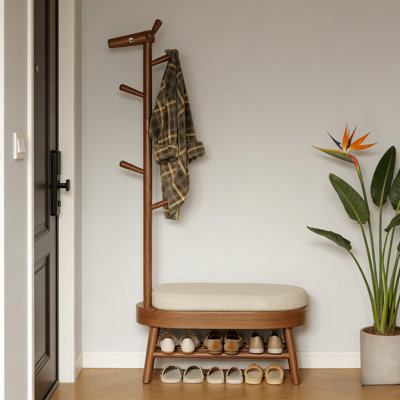 Upholstered Wooden Coat Rack With Shoe Bench, Entryway Storage Organizer With Hidden Shoe Rack For Living Room, Bedroom And Hallway