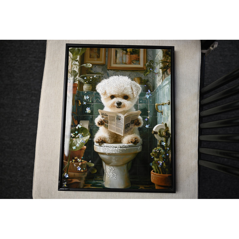 Mignon chiot, art mural de salle de bain - impression encadrée sur toile 3D amusante - affiche 12 x 16 pouces prête à accrocher | Idée de cadeau