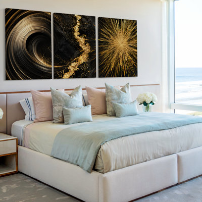 3 Pieces Exculisive Black Gold Vortex Sunburst Panoramic Wall Art, Modern Canvas Decor for Living Room, Bedroom, Office and Home, Ready to Hang