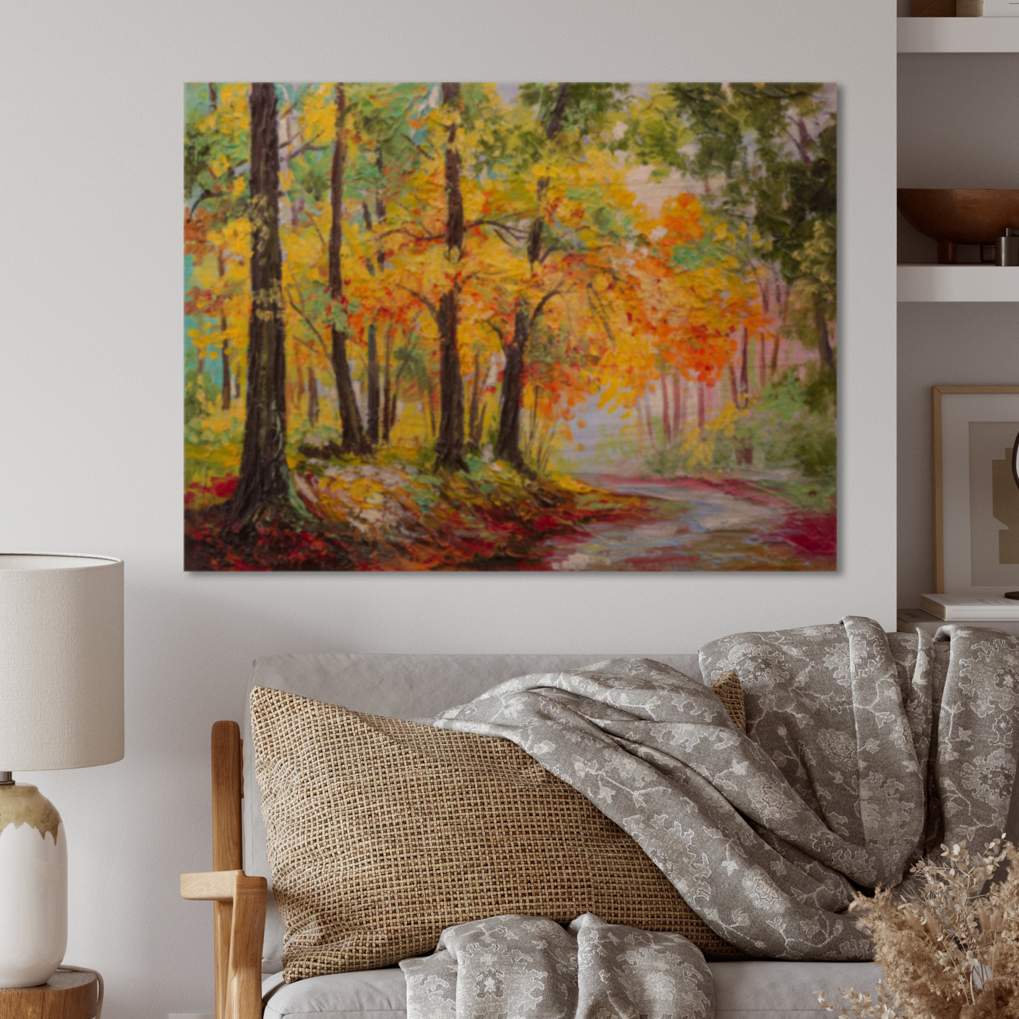 Colorful Autumn Forest - Traditional Wood Wall Art - Natural Pine Wood Millwood Pines Size: 16 H x 32 W x 1 D