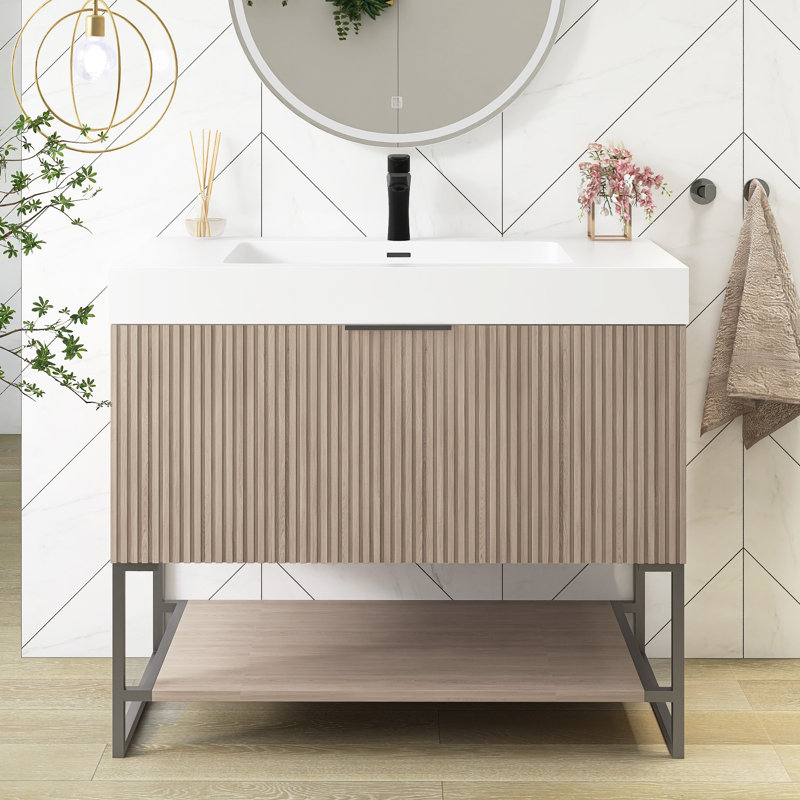 Meuble-lavabo autoportant 36 po avec lavabo intégré rectangulaire sans robinet, Chêne brun