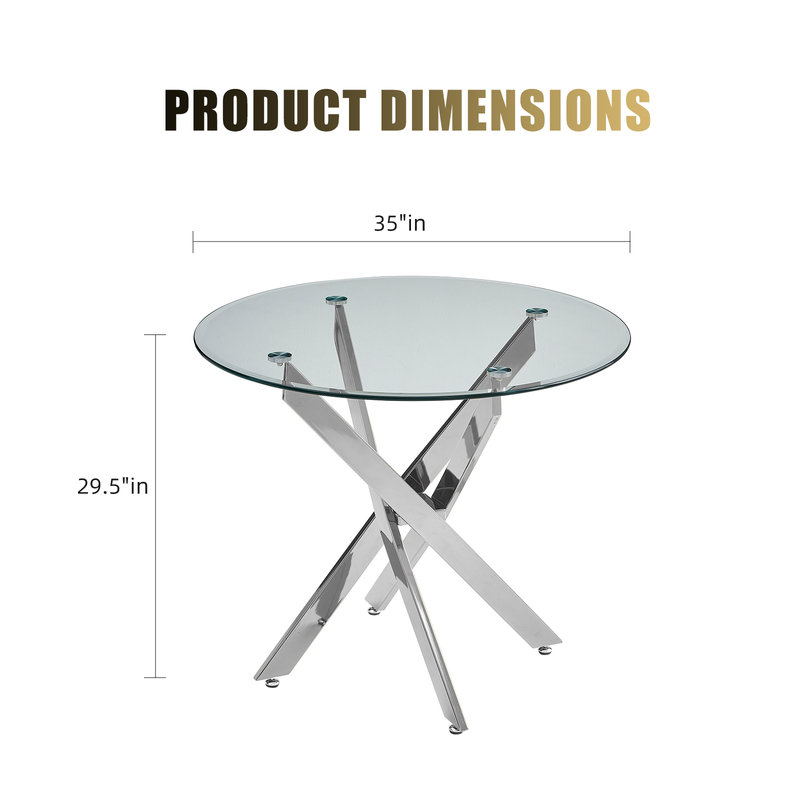 Table de salle à manger ronde moderne en verre avec base géométrique en métal, Silver