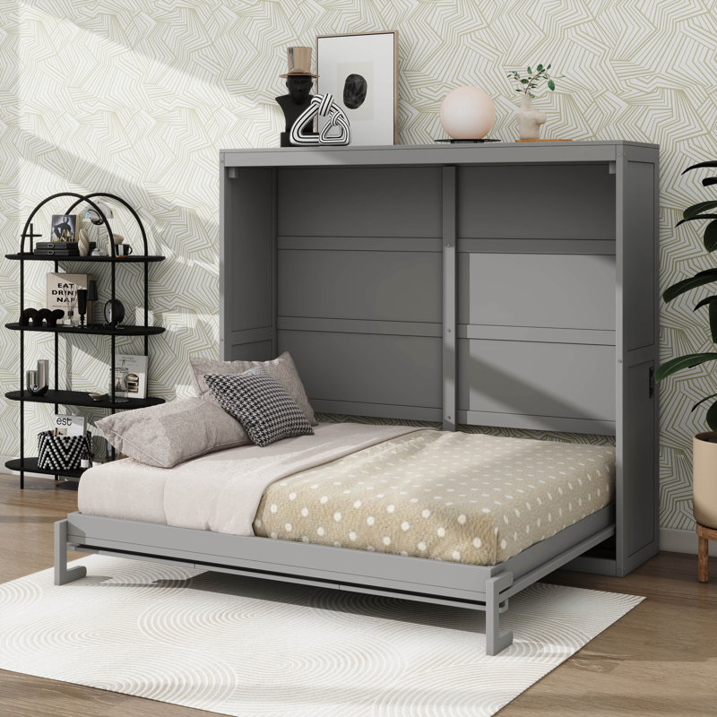 Grand lit escamotable avec armoires encastrées, Gris