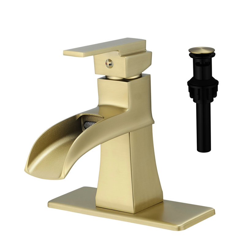 Robinet de salle de bain avec cascade, plaque de finition or brossé, bonde escamotable, conduites d'alimentation, une poignée, robustesse