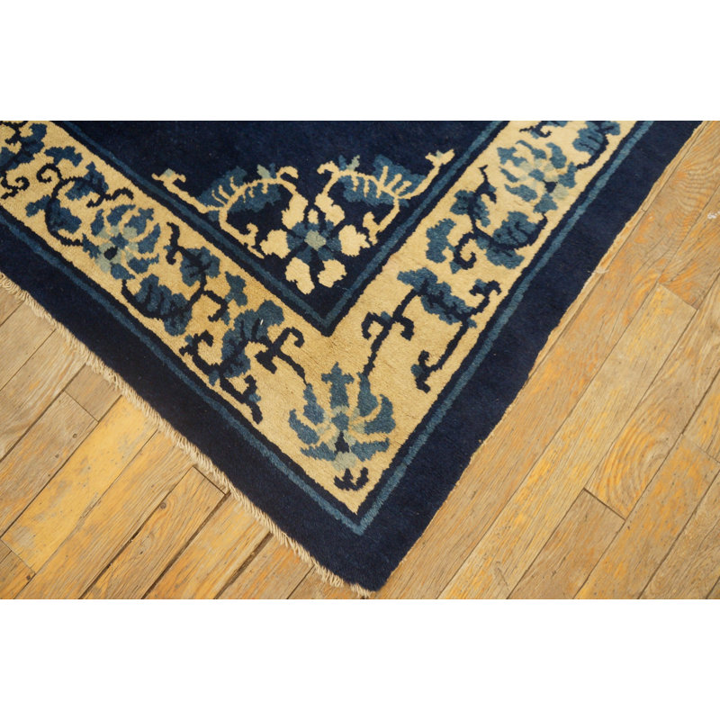 1900s Hand Knotted Pile Antique Wool Blue Rectangle Rug