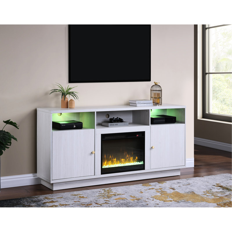 70-Inch Wide White Walnut Finish Fireplace Console Tv Stand, Heater, Multiple Flame Colors, 3 Open Shelves And 2 Storage Cabinets 70"W Stand With Led Color Choices,