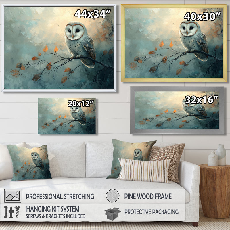 Gentle Owl at Night - hibou, art mural, H 28 po x l 60 po, Cadre flottant, Blanc