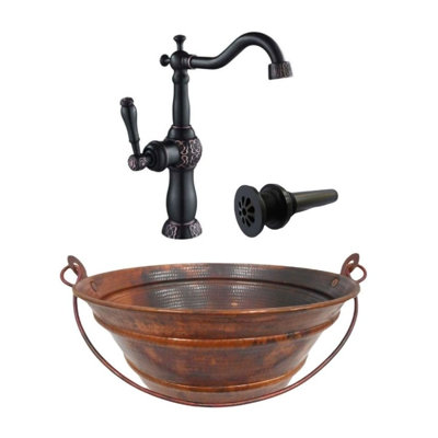 Lavabo vasque rond en cuivre naturel de 15 po avec robinet assorti
