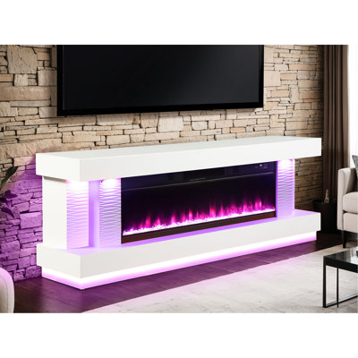 Meuble télé blanc de style contemporain avec foyer électrique et chauffage, pouvant accueillir des téléviseurs de 65 pouces, 3 niveaux de luminosité, 323 pieds carrés Pi. Chauffage, chauffage, réglage de la luminosité, temps d'arrêt jusqu'à 6 heures