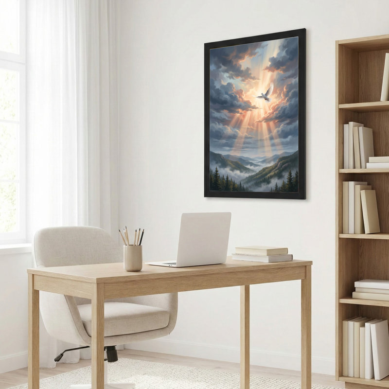 Toile noire encadrée en bois noir pour le salon, la chambre à coucher, le bureau ou le vestibule - décoration murale décorative avec soleil en montagne