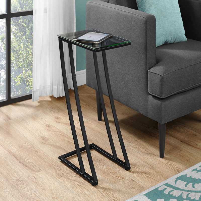 Table d'appoint latérale en verre trempé en forme de C et en métal noir, Black, 24" H x 12" W x 15.75" D