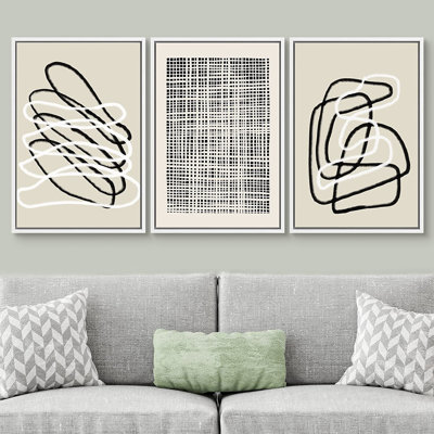 Black Grunge Paint Strokes Minimalist Neutral Abstract Framed On Canvas Wall Art 3 Pieces Print