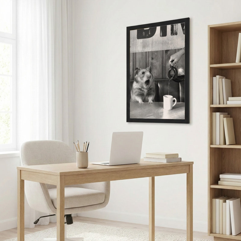 Toile noire encadrée en bois noir pour salon, chambre à coucher, bureau ou vestibule - décoration murale décorative avec thé de hamster