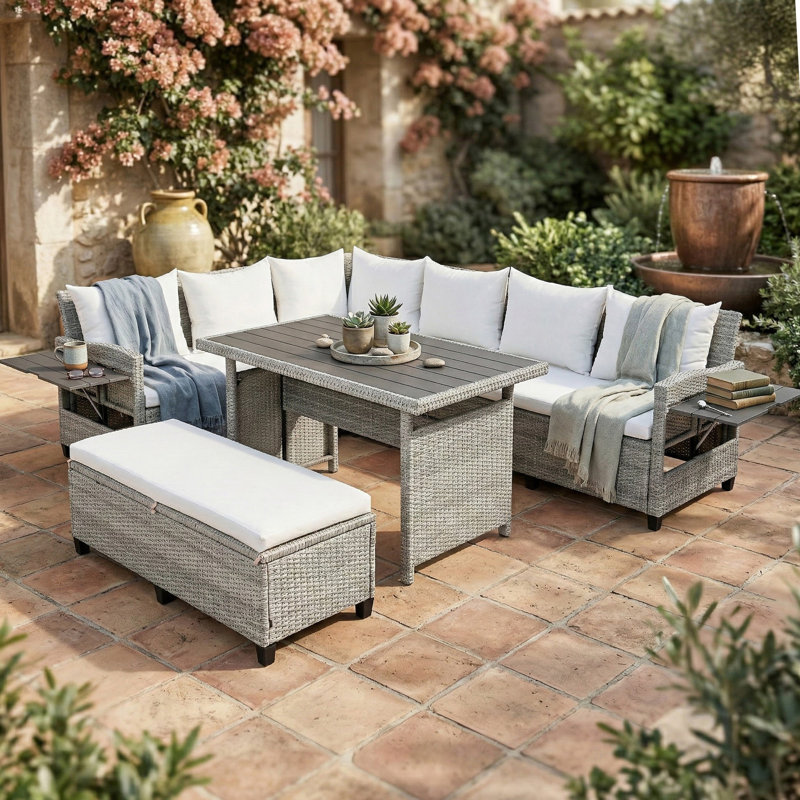 5-Piece Outdoor Patio Rattan Sofa Set, Sectional PE Wicker L-Shaped Garden Furniture Set with 2 Extendable Side Tables