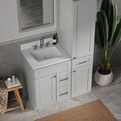 Meuble-lavabo simple autoportant de 40 po avec armoire à linge haute droite, plateau en quartz de Carrare, 3 tiroirs