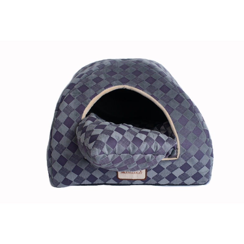 Small Purple Gray Checkered Dome Cat Bed with Fiberfill