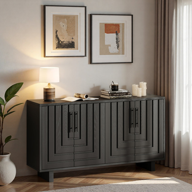 Modern Sideboard With Metal Handles And Geometric Line, Black