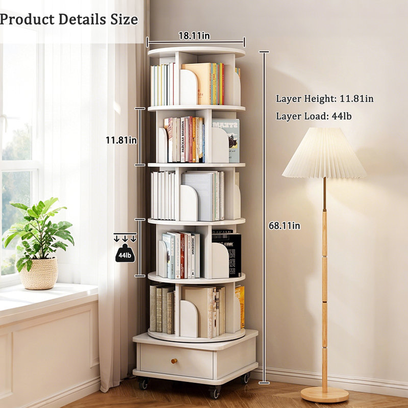 Bibliothèque blanc chaud 6 niveaux 360 ° avec roulettes, tiroir et déflecteur, espace, pour chambre à coucher, salon, bureau - grande base de rangement stable