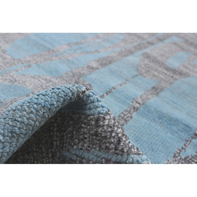 Tapis cyan / gris en laine noué à la main de conception unique 5 pi 2 po x 7 pi 6 po