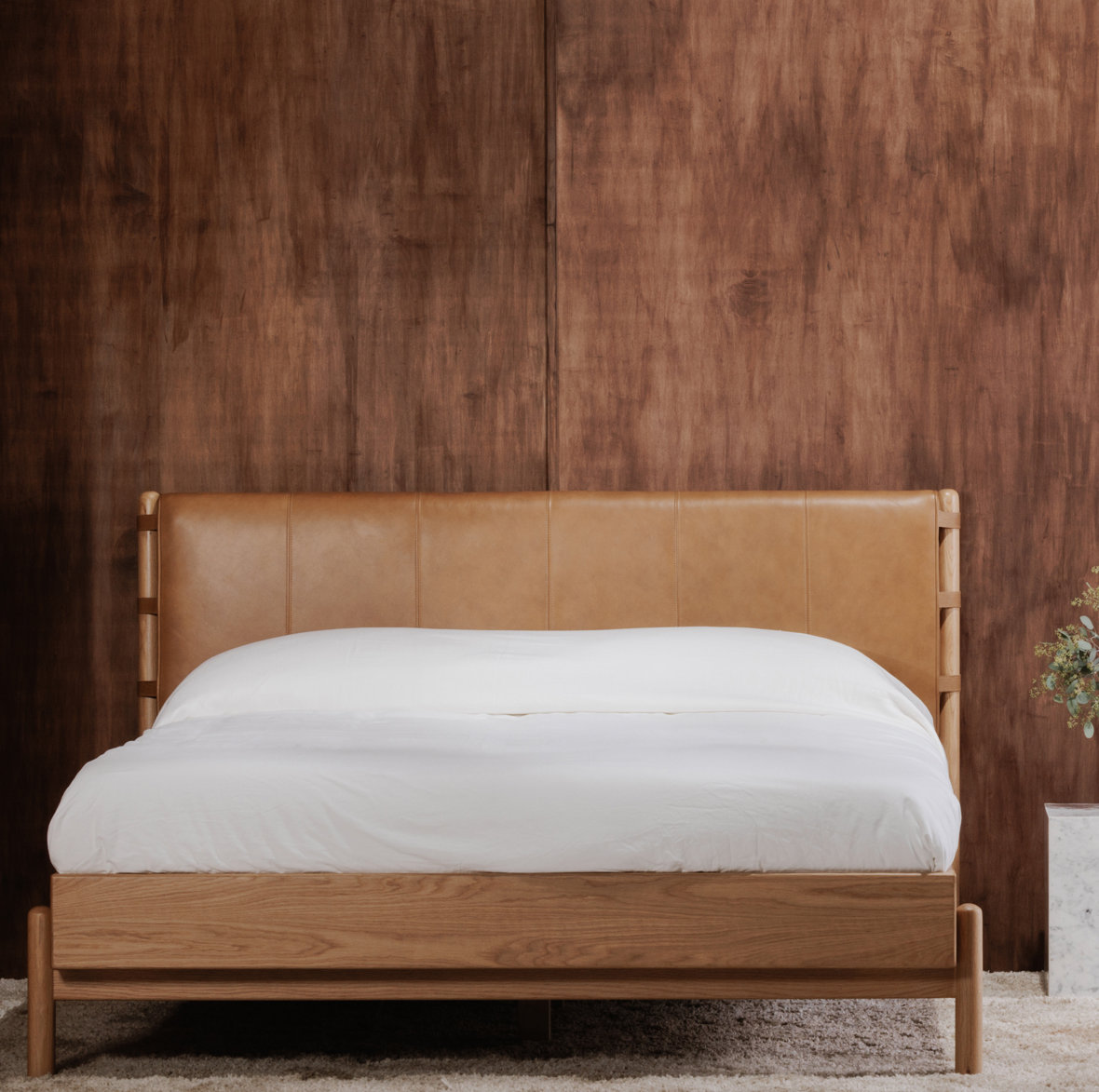 Marlana Genuine Leather Oak Bed, Queen