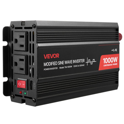 Onduleur de puissance 1000W, onduleur sinusoïdal modifié de 12V DC à 120V AC, convertisseur de chargeur de voiture avec port USB et Type-C, 2 prises de courant alternatif, voyant lumineux, idéal pour camping-car, camping en plein air