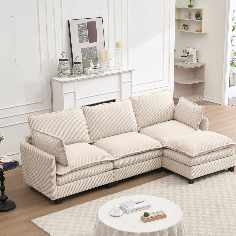 Canapé confortable en forme de U en velours avec repose-pieds et coussins lombaires pour le salon, Beige