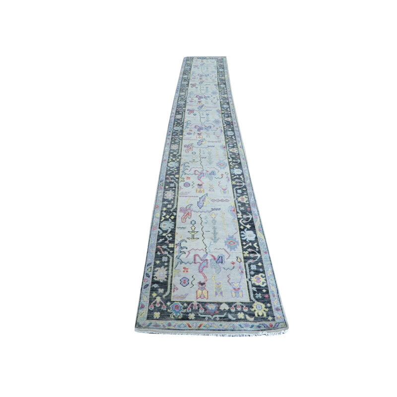 Tapis d’intérieur en laine ivoire/noir 3 pi x 19 pi 10 po one-of-kind à la main noué la Wangara