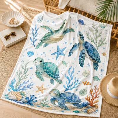 Watercolor Sea Turtle Blanket, Blue Green Ocean Life with Starfish, Shells and Coral, Flannel Throw for Couch, Bed, Coastal Rooms and Travel, 50 x 60 in
