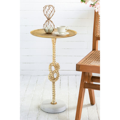 Table d'appoint en marbre doré et blanc avec des nœuds de corde, 13,8 x 13,8 x 24 pouces, peut être une base magnifique pour un présentoir de plantes, idéal pour les décors contemporains