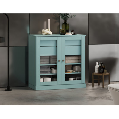 Palace Imports 100% Solid Wood Bathroom Storage Cabinet, Clear Glass Doors, 2 Drawers, Adjustable Shelves, 32" Wide, 35.75" Tall