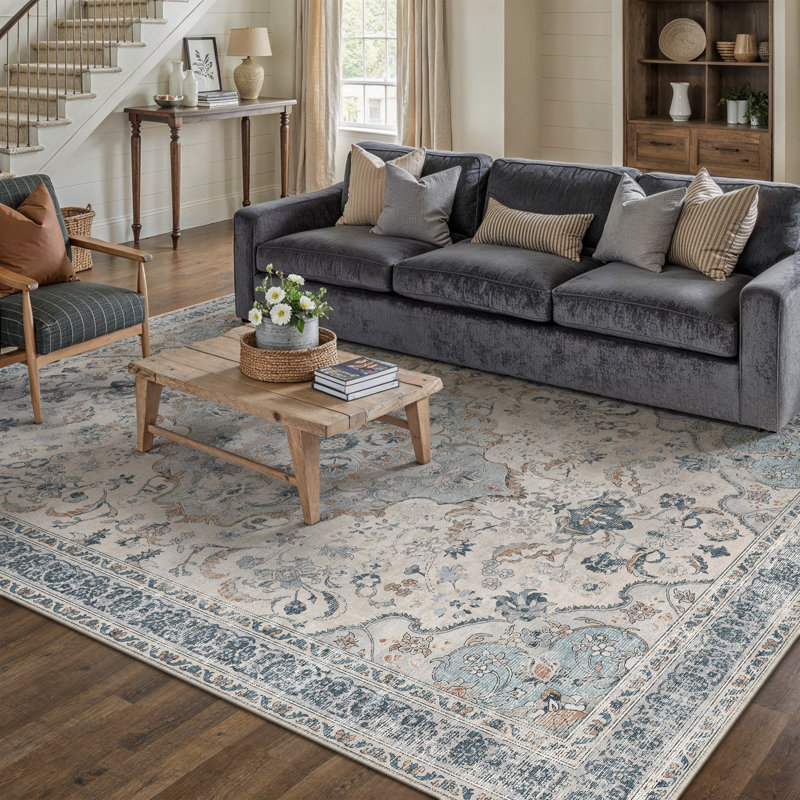 Eleanor Vintage Oriental Washable Area Rug With Non-Slip Backing, Blue, Rectangle 5' x 7'