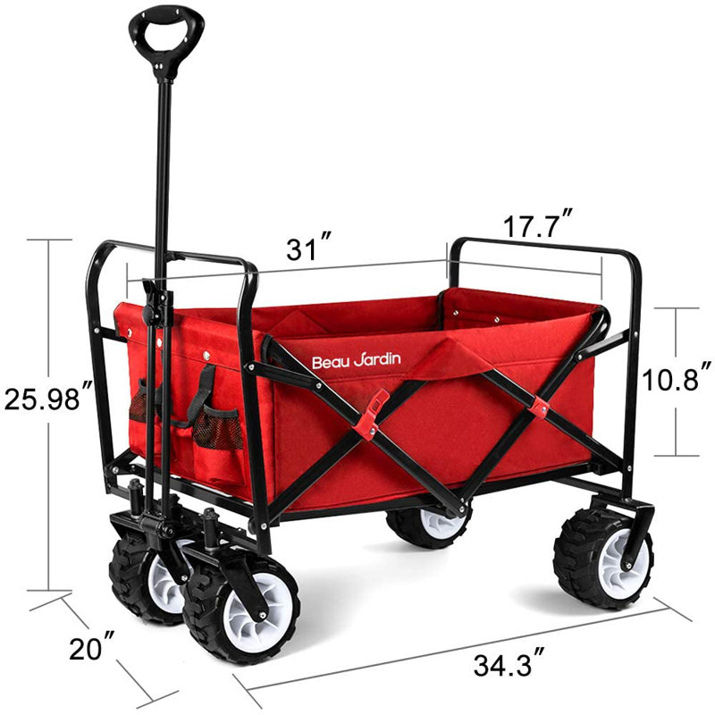 Folding Beach Wagon Cart with Big Wheels, 330 Pound Fordable Capacity Utility Camping Outdoor, Red 1