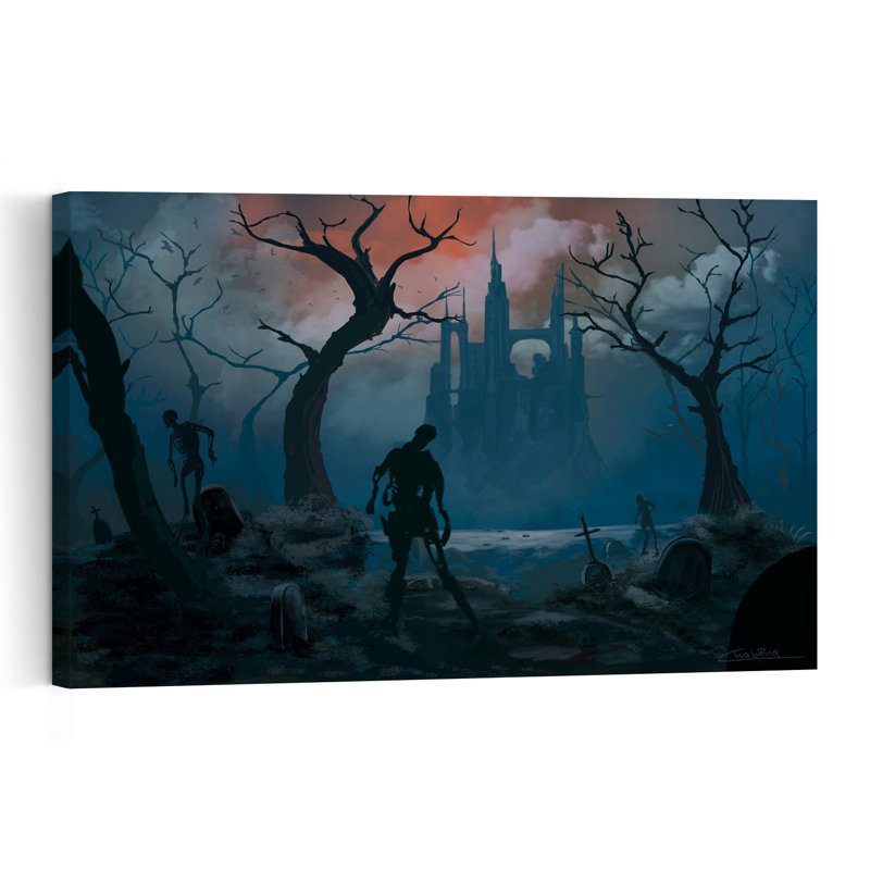 Undead Castle Graveyard Abstract Contemporary Architecture Tree Wall Art Print, H 16 po x l 24 po