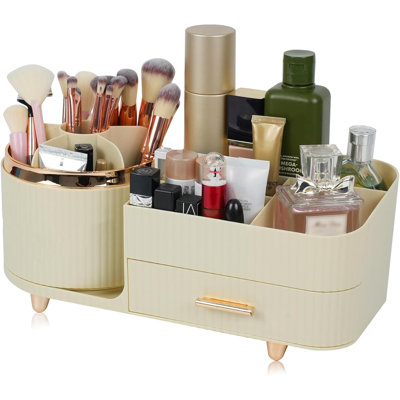Makeup Organizer Countertop with Drawer 360 Rotating Brush Holder Storage Large Capacity Skincare Cosmetic Display Cases