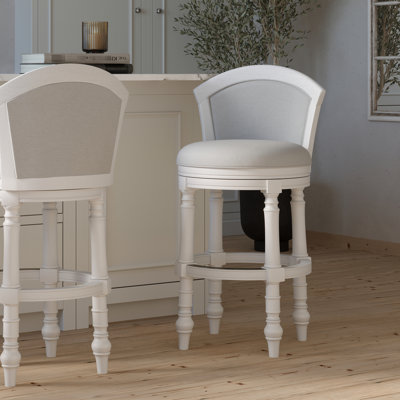31 po - Tabouret de bar avec dossier rembourré, pivotant, blanc, siège gris, installation simple à 180 degrés, 22,37 po de profondeur, 22,42 de largeur, 43,14 po de hauteur, structure blanche, poids de 46,2 lb